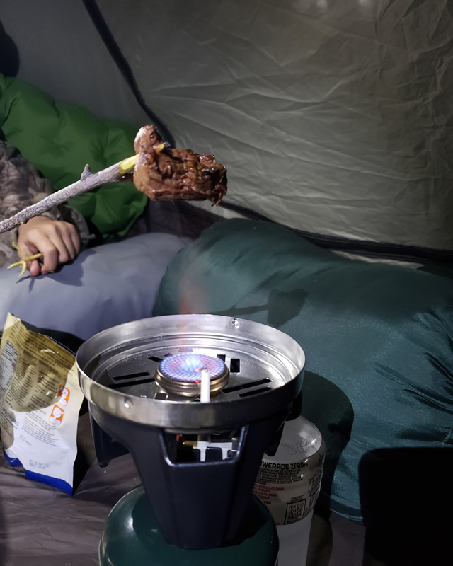Cooking fresh tenderlion in the tent.