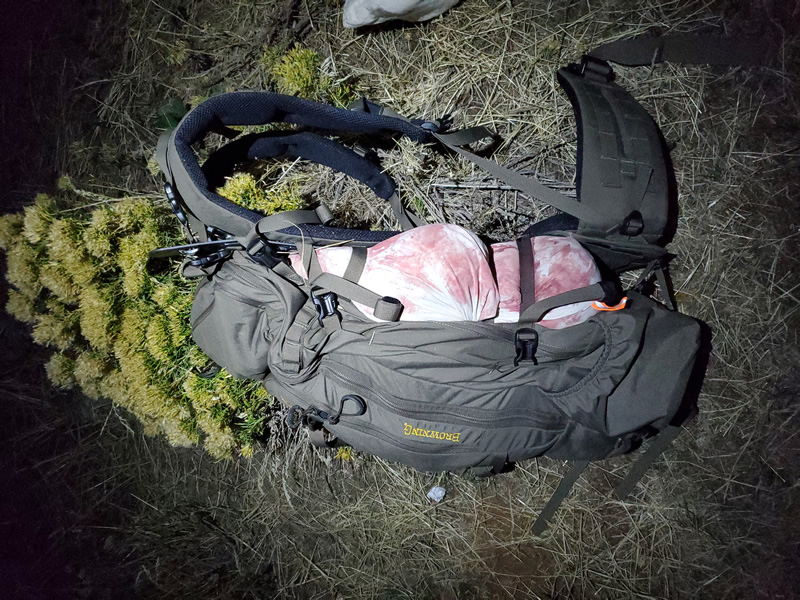 Browning Monroe frame pack loaded with boned out mule deer.