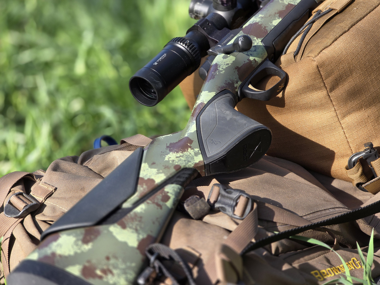 DIY Camo Painted Browning X-Bolt 2 Rifle Close Up